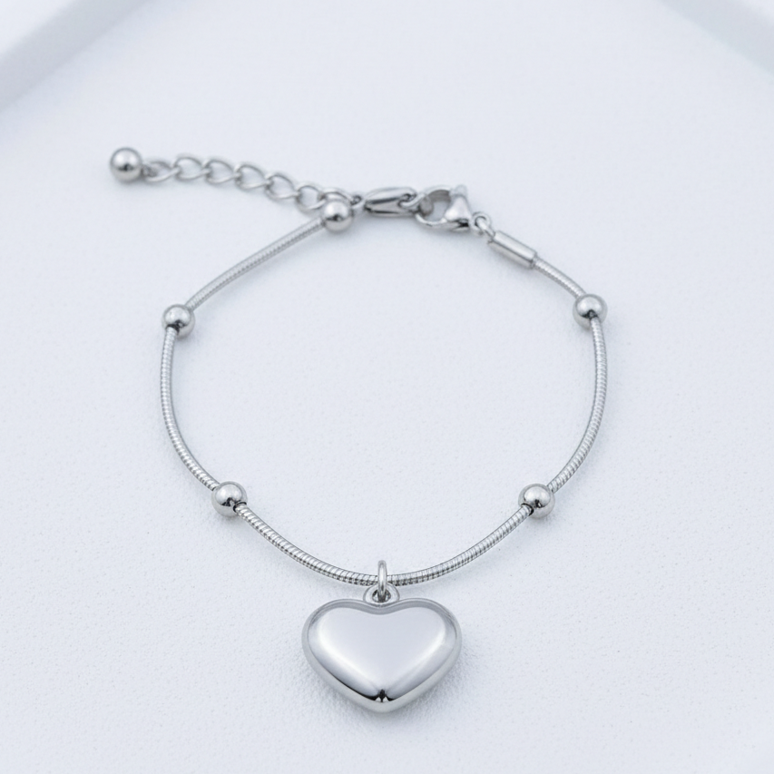 Pulseira Bolinha Pingente Coração Em Aço Inoxidável