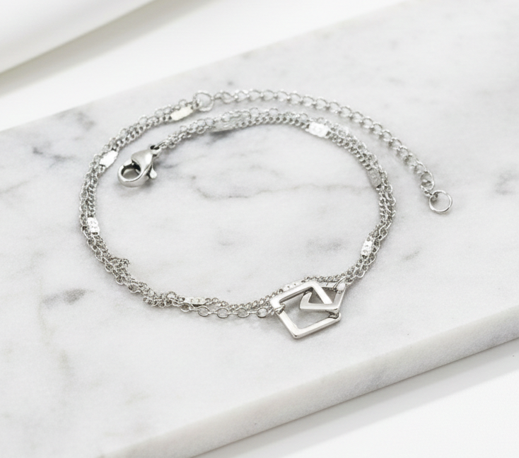 Pulseira Duas volta Pingente Geométrico Em Aço Inoxidável