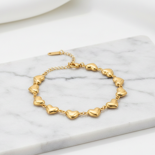 Pulseira Dourada Corações 3D  Em Aço Inoxidável
