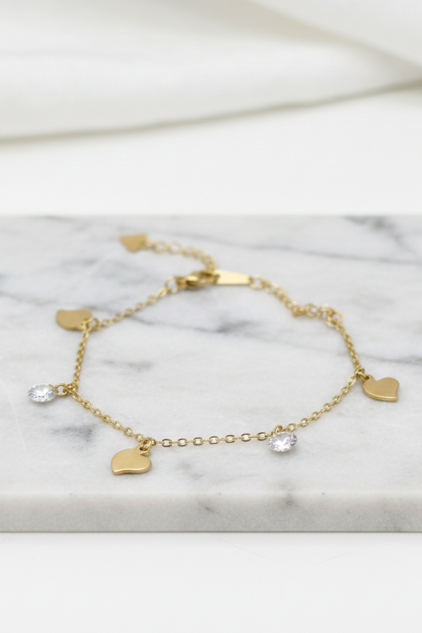 Pulseira Dourada Coração e Zircônia Em Aço Inoxidável