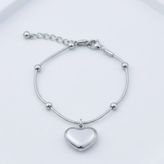 Pulseira Bolinha Pingente Coração Em Aço Inoxidável