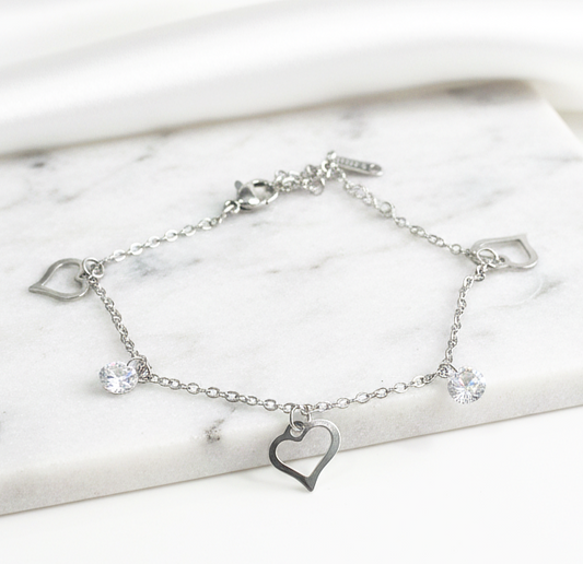 Pulseira Corações Com Pedras Zircônia Em Aço Inoxidável